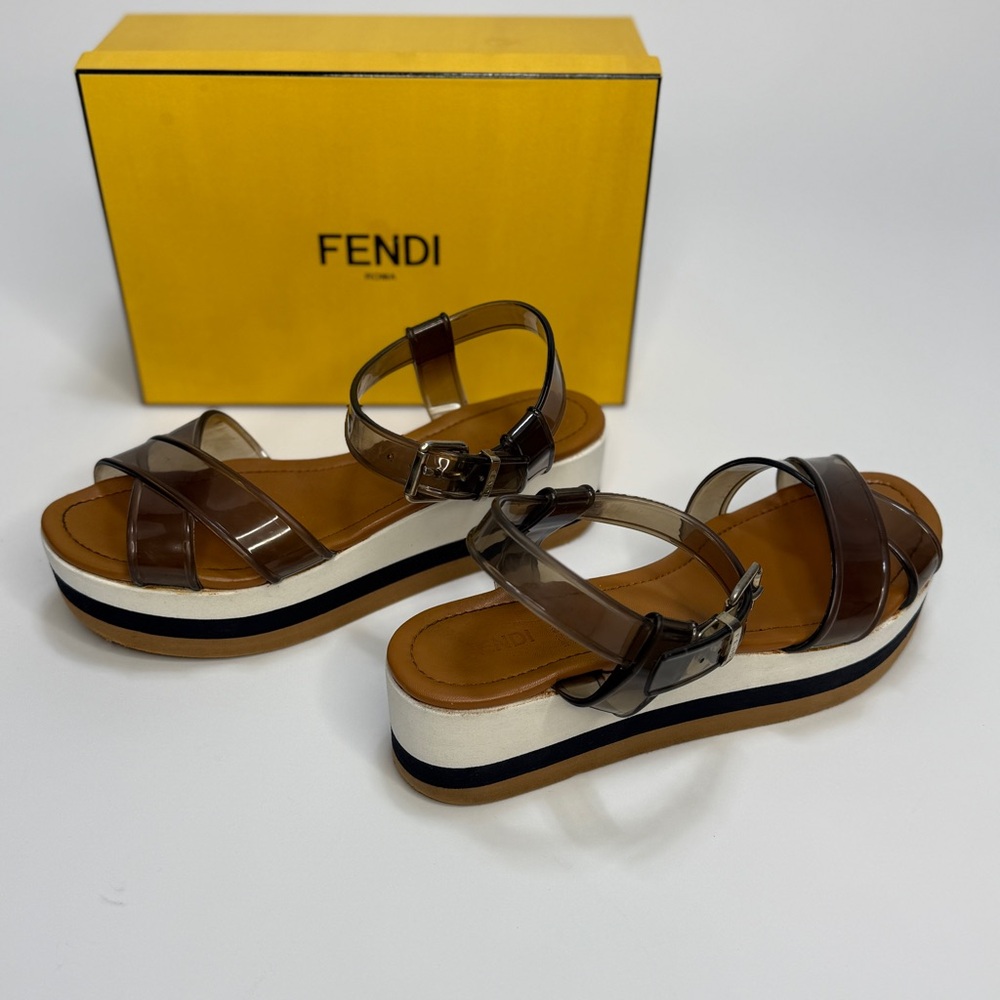 Auth Fendi color block Tan Black white Platform Sandal 39.5 clear smoke strap 9
